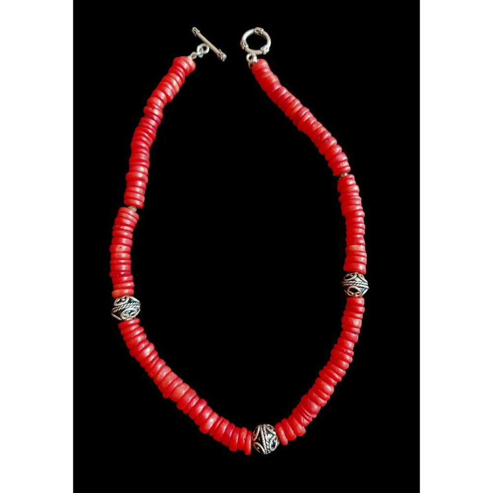 925 Sterling Silver Red Coral 16.5" Long Ornate Beaded Necklace